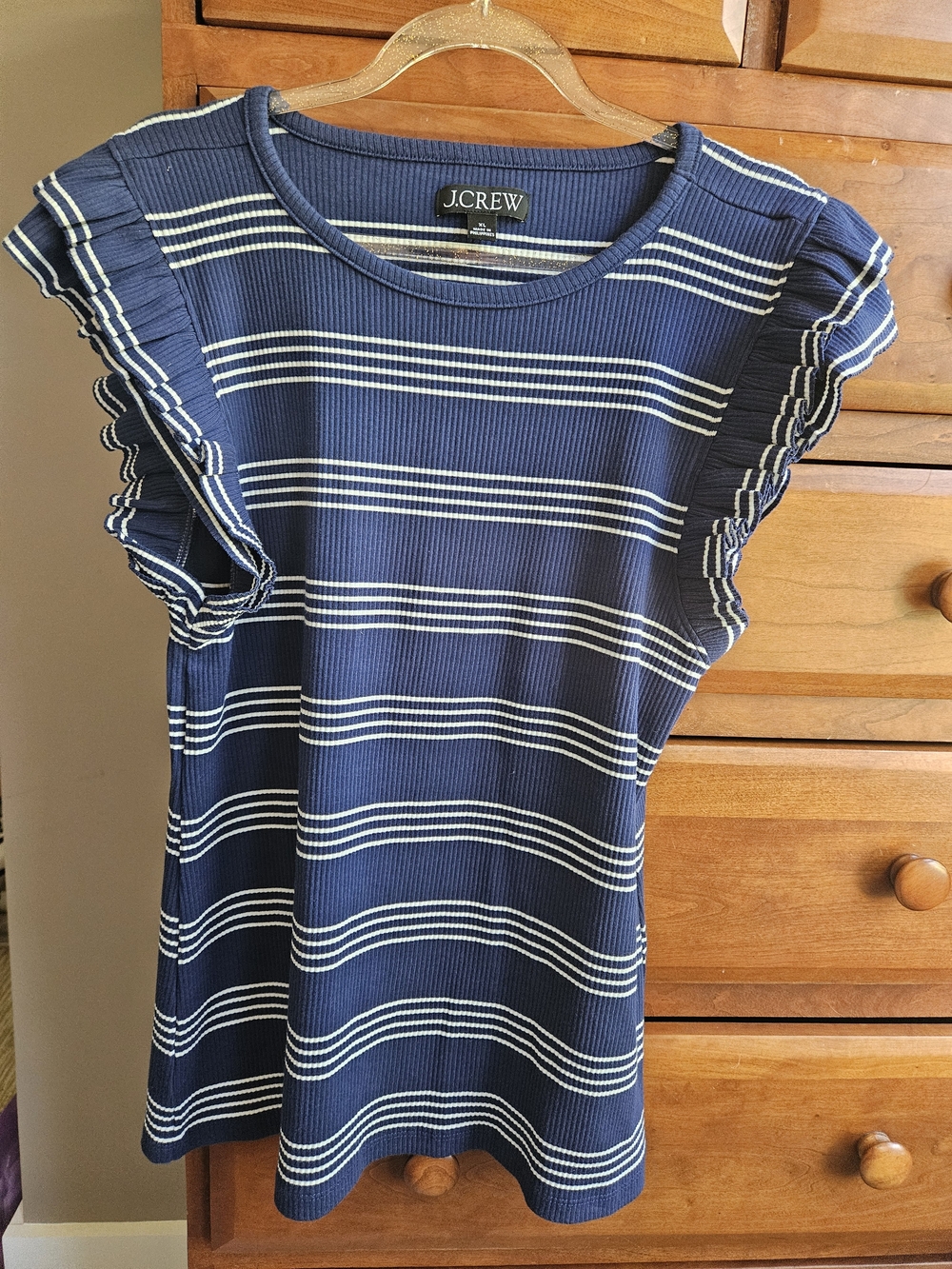 J. Crew Navy and White Striped Ruffle Sleeve Tank